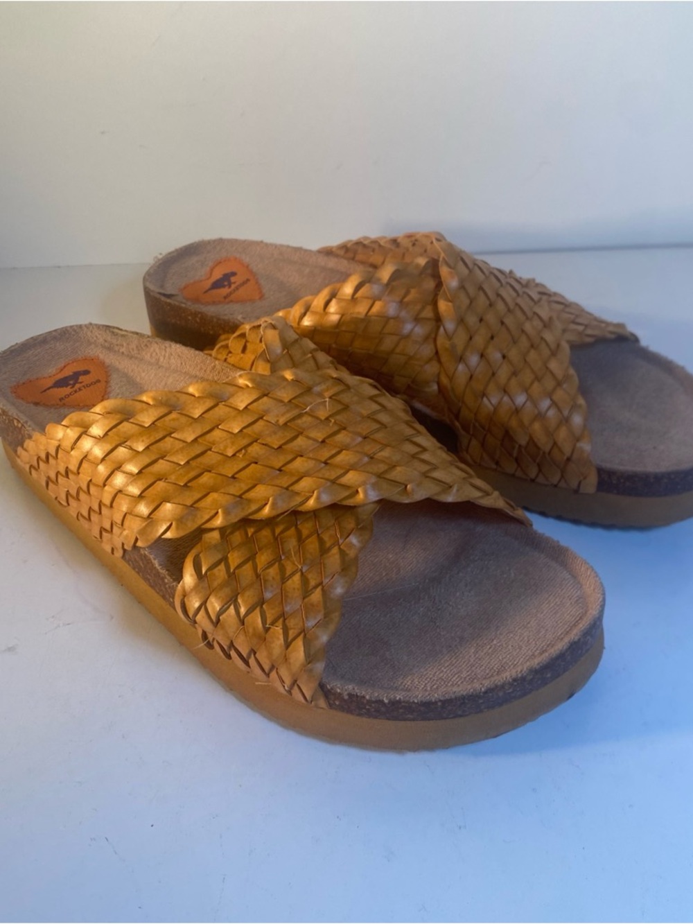 Rocket Dog Antic Tan Leather Woven Slide Sandals Size 10